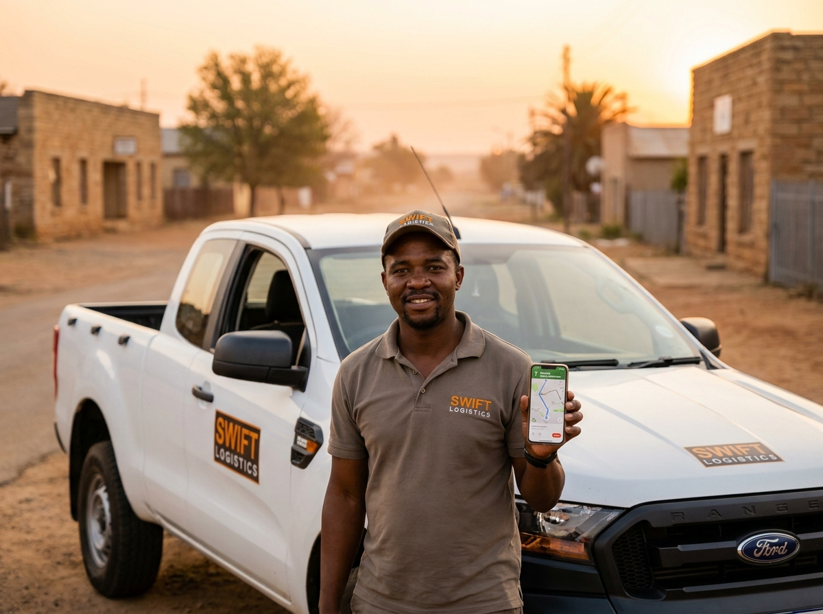 Madaraka Logistics driver standing beside a bakkie at golden hour