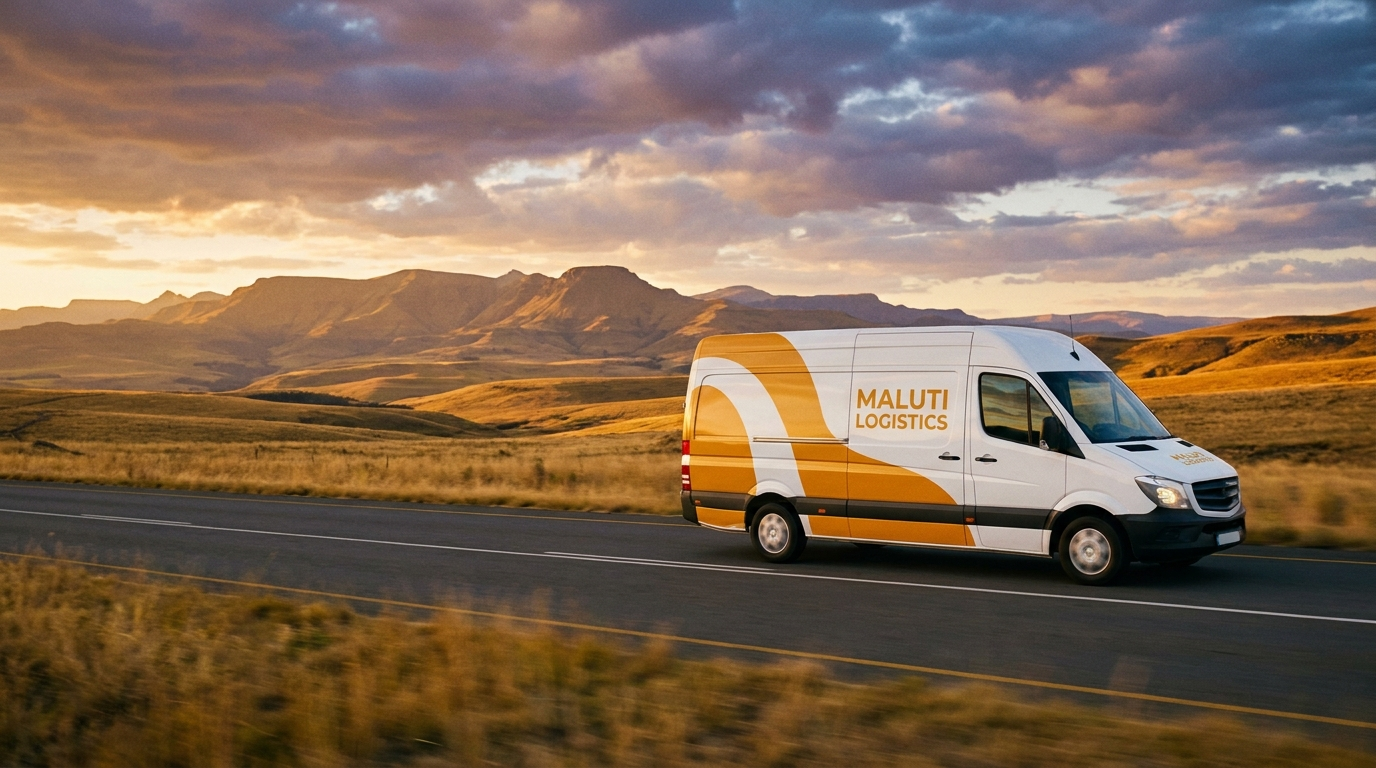 Madaraka Logistics panel van on the R712 between QwaQwa and Bethlehem at golden hour