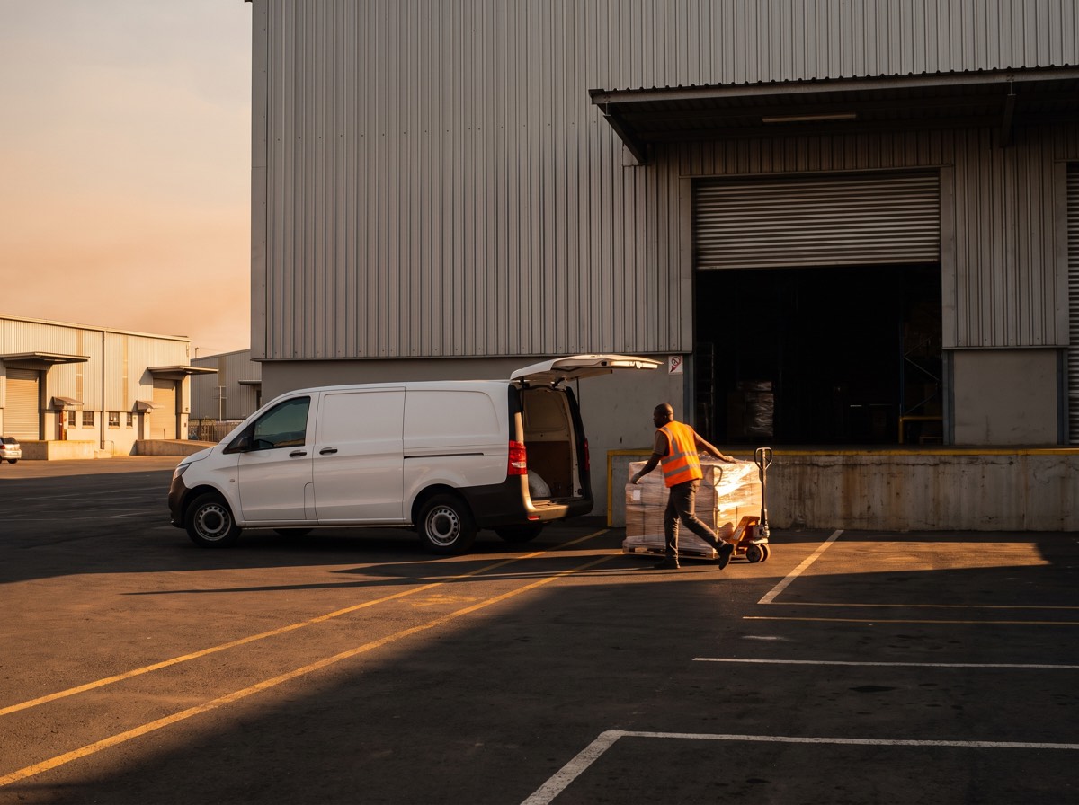 A Madaraka 8-ton truck being loaded with pallets at a warehouse dock