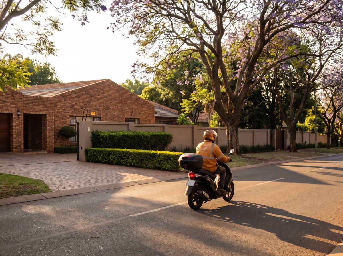 A Madaraka scooter courier handing a parcel to a customer at a front door