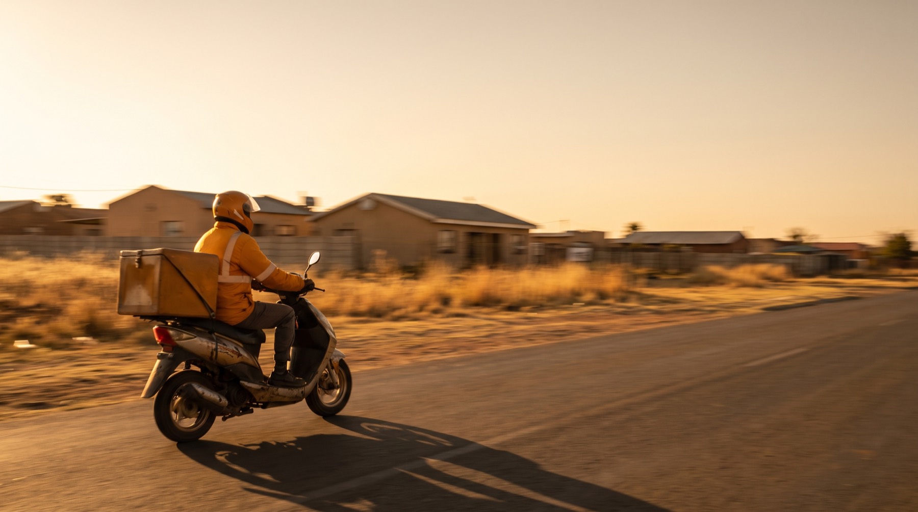 A Madaraka scooter courier in an amber jacket riding through a QwaQwa suburb with a parcel box
