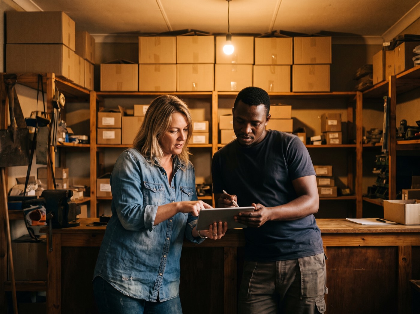 Two colleagues checking a dispatch list against boxed stock