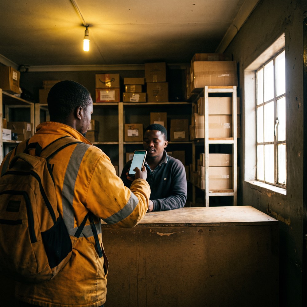 A courier collecting a parcel at a Paxi pickup-point counter