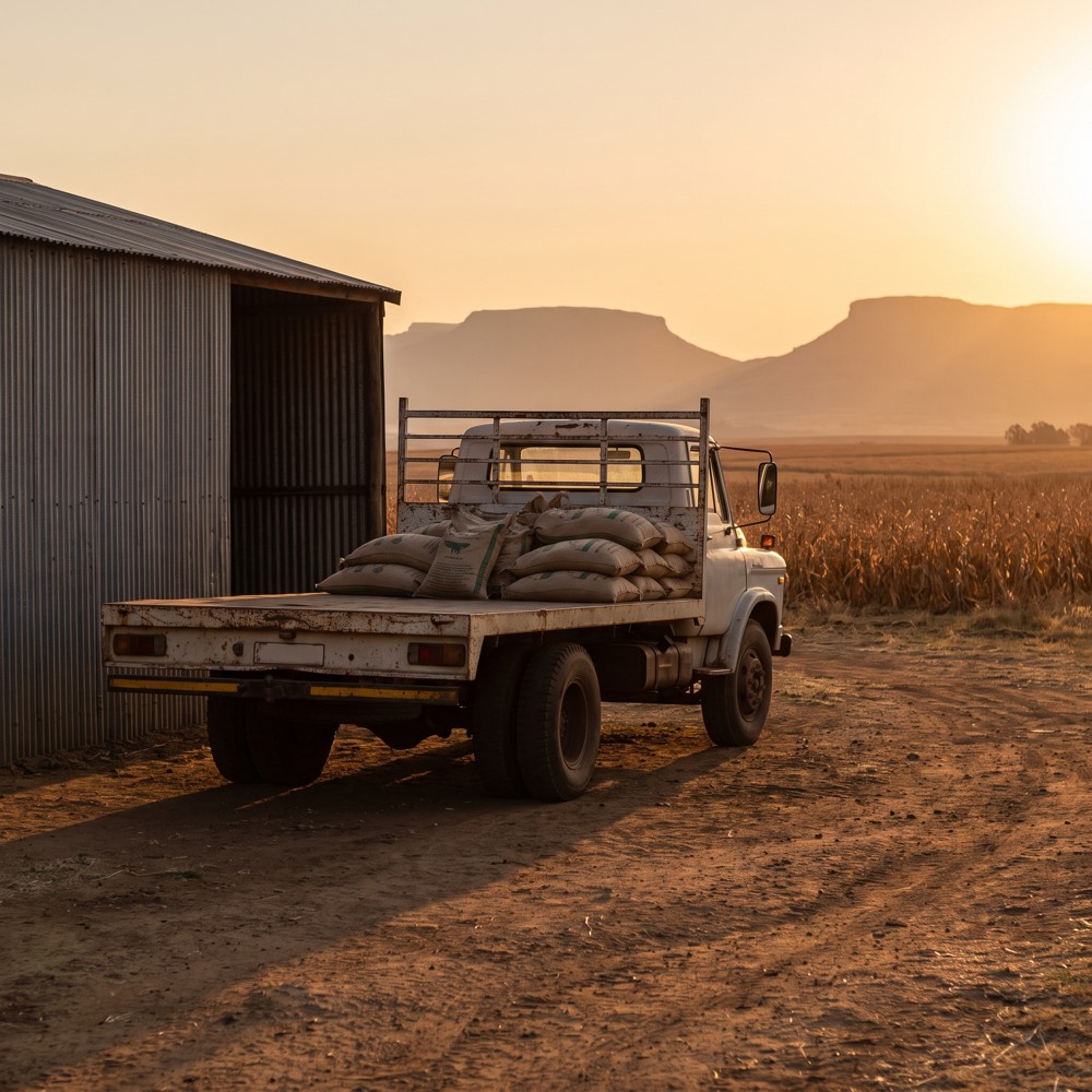 A truck being unloaded in a Free State farmyard