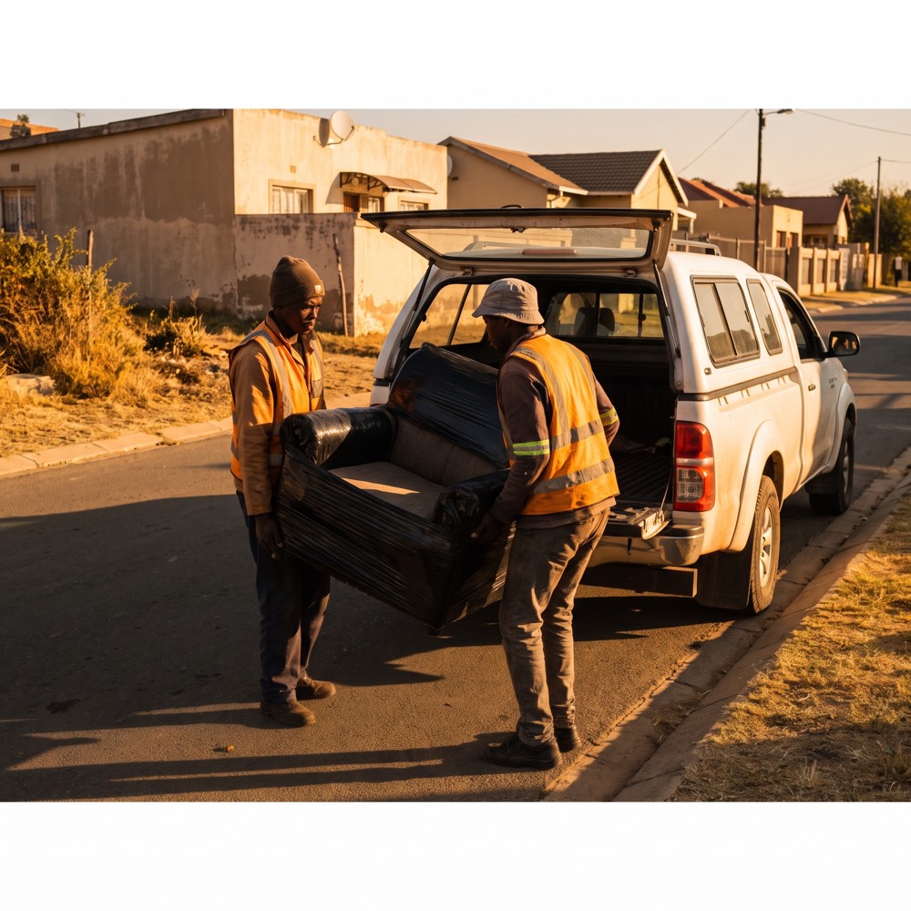 Two people carrying a couch from a bakkie to a front door