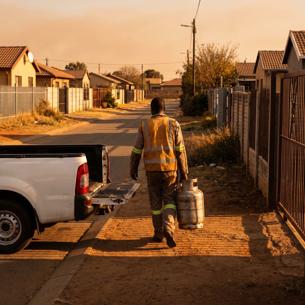 A gas cylinder being lifted onto the back of a bakkie at a depot