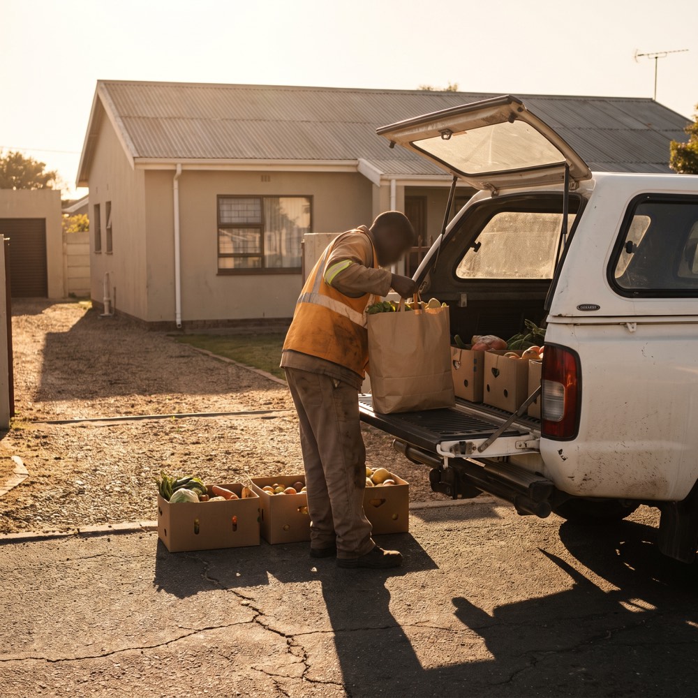 Bags of groceries being loaded from a supermarket trolley into a bakkie
